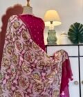 Pure Chanderi Silk Zari Woven Unstitched Salwar Suit with Exclusive Digitally Printed Dupattas (Rani Pink)