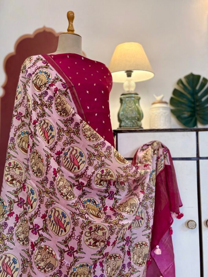 Pure Chanderi Silk Zari Woven Unstitched Salwar Suit with Exclusive Digitally Printed Dupattas (Rani Pink)