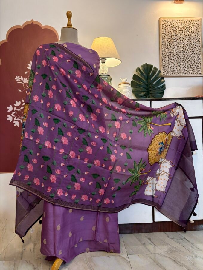 Pure Chanderi Silk Zari Woven Unstitched Salwar Suit with Exclusive Digitally Printed Dupattas (Purple)
