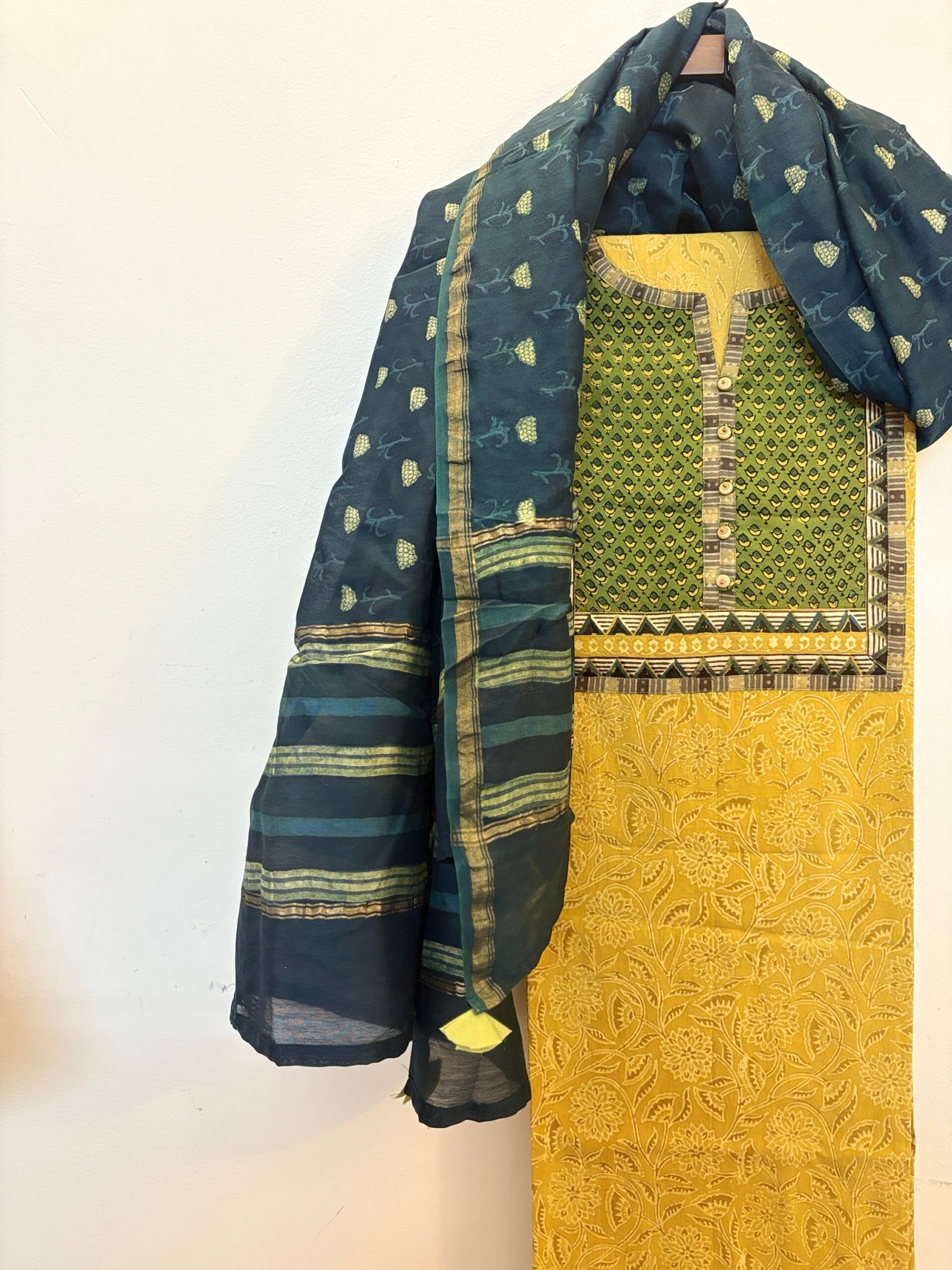 Handblocked Pre-designed Cotton Unstitched Salwar Suit with Chanderi Silk Dupatta by Ikhtirah - Image 4