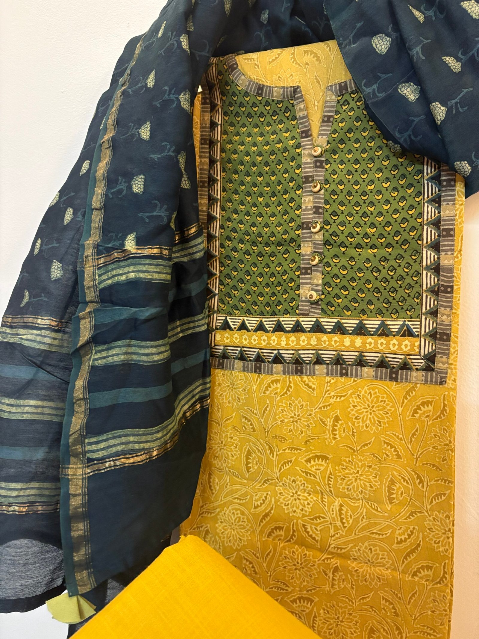 Handblocked Pre-designed Cotton Unstitched Salwar Suit with Chanderi Silk Dupatta by Ikhtirah - Image 3