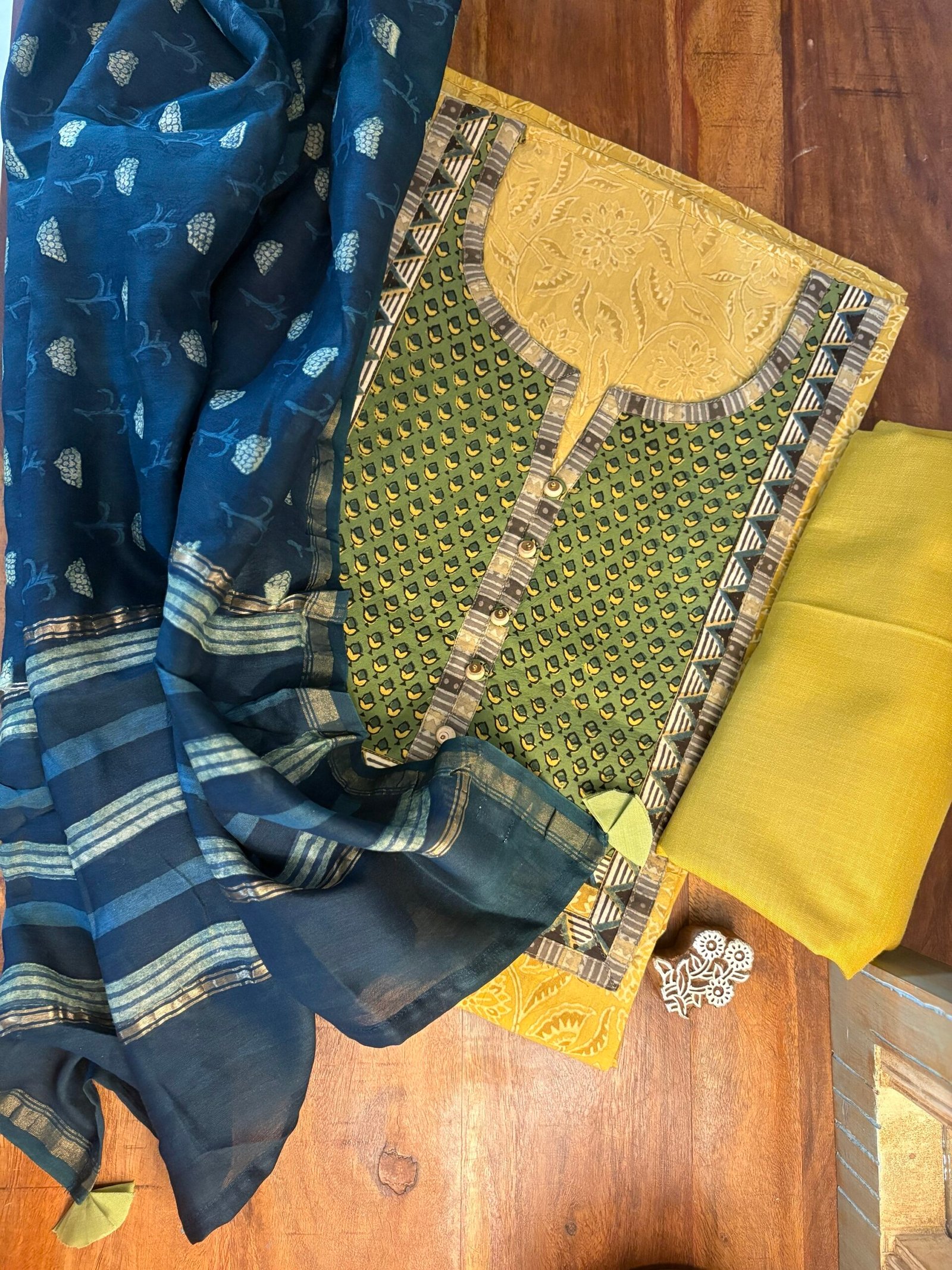 Handblocked Pre-designed Cotton Unstitched Salwar Suit with Chanderi Silk Dupatta by Ikhtirah