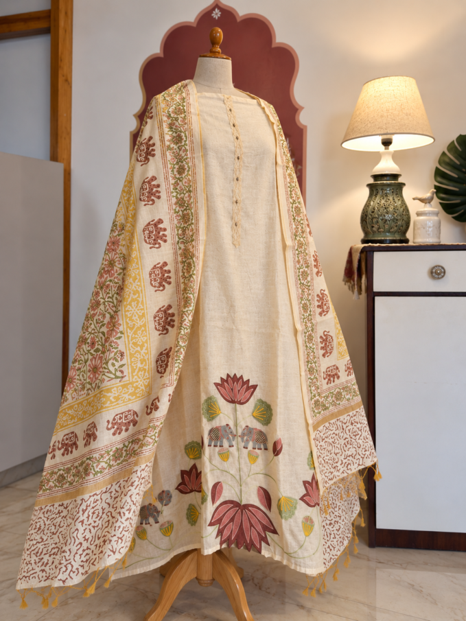 Applique Embroidered Pure Chanderi Cotton with Handblock Unstitched Salwar Suit by Ikhtirah (B)
